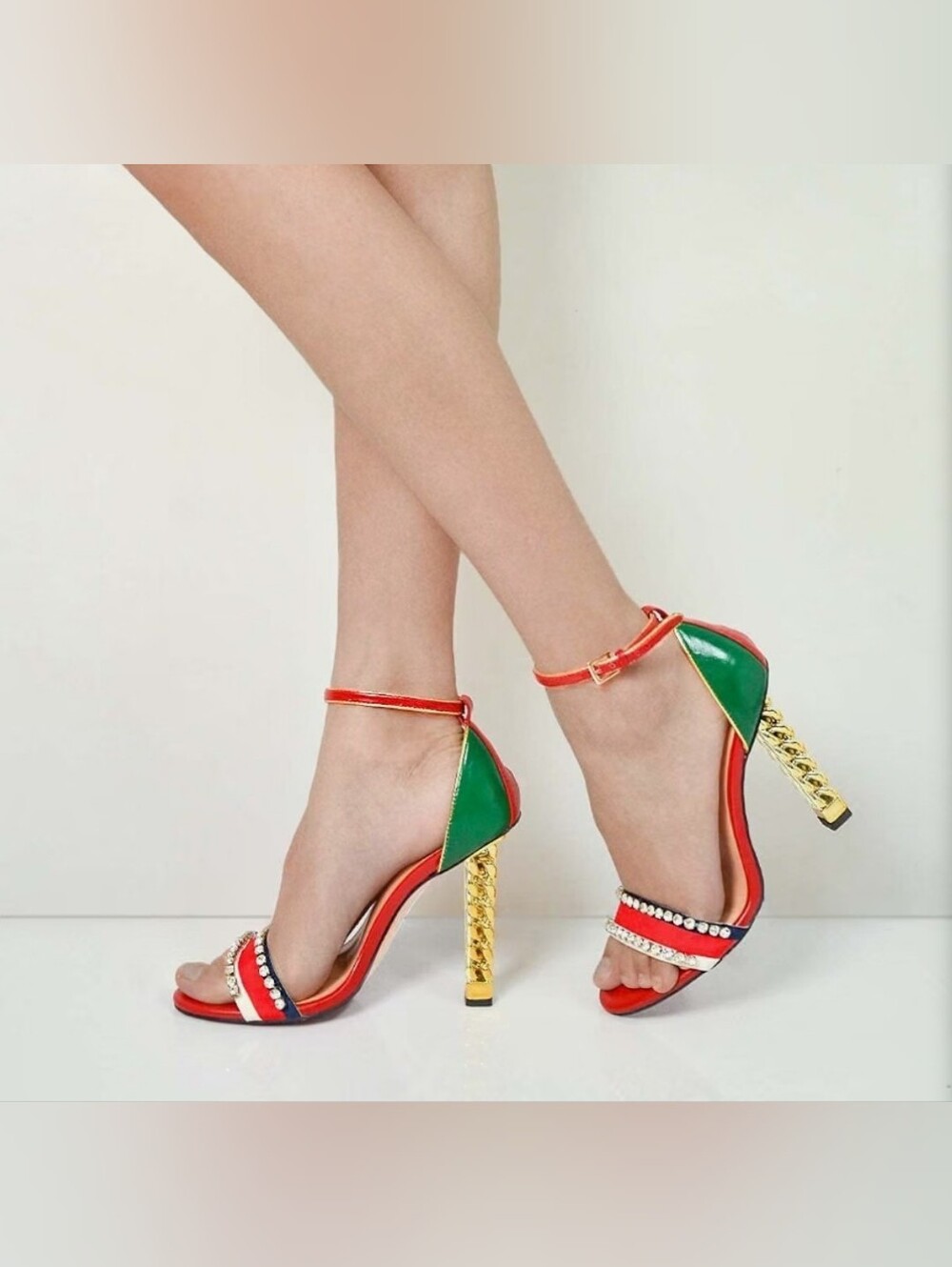 Red Green Blue Crystal-Trim Braided Gold Heel Sandal